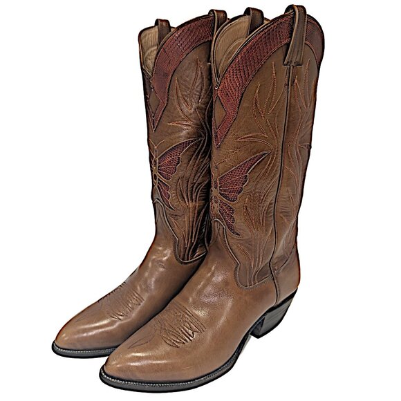 RJ Foley Women's Tan Butterfly Vintage Western Cowboy Boots Size 8.5 D - Picture 1 of 11